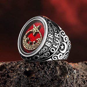 Ay Yıldız İçerisi Göktürkçe Türk Yazılı Gümüş Yüzük