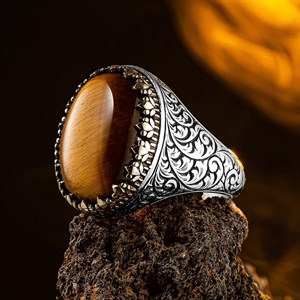 Kaplan Gözü Taşlı Osmanlı Desenli Gümüş Yüzük