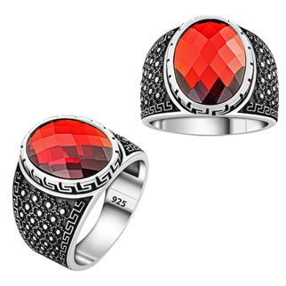 Kırmızı Zirkon Taşlı Kenarları Geometrik Motif İşlemeli Gümüş Yüzük