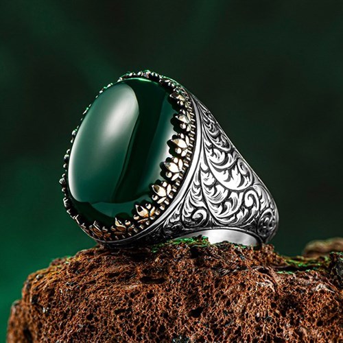 Yeşil Akik Taşlı Osmanlı Desenli Gümüş Yüzük